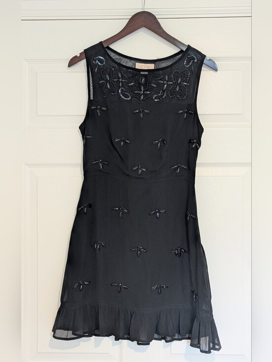 NFC 721 Dresses & Skirts - NFC 721 Black Beaded Mini Dress Small Mesh Sequin Ruffle Hem Party Cocktail